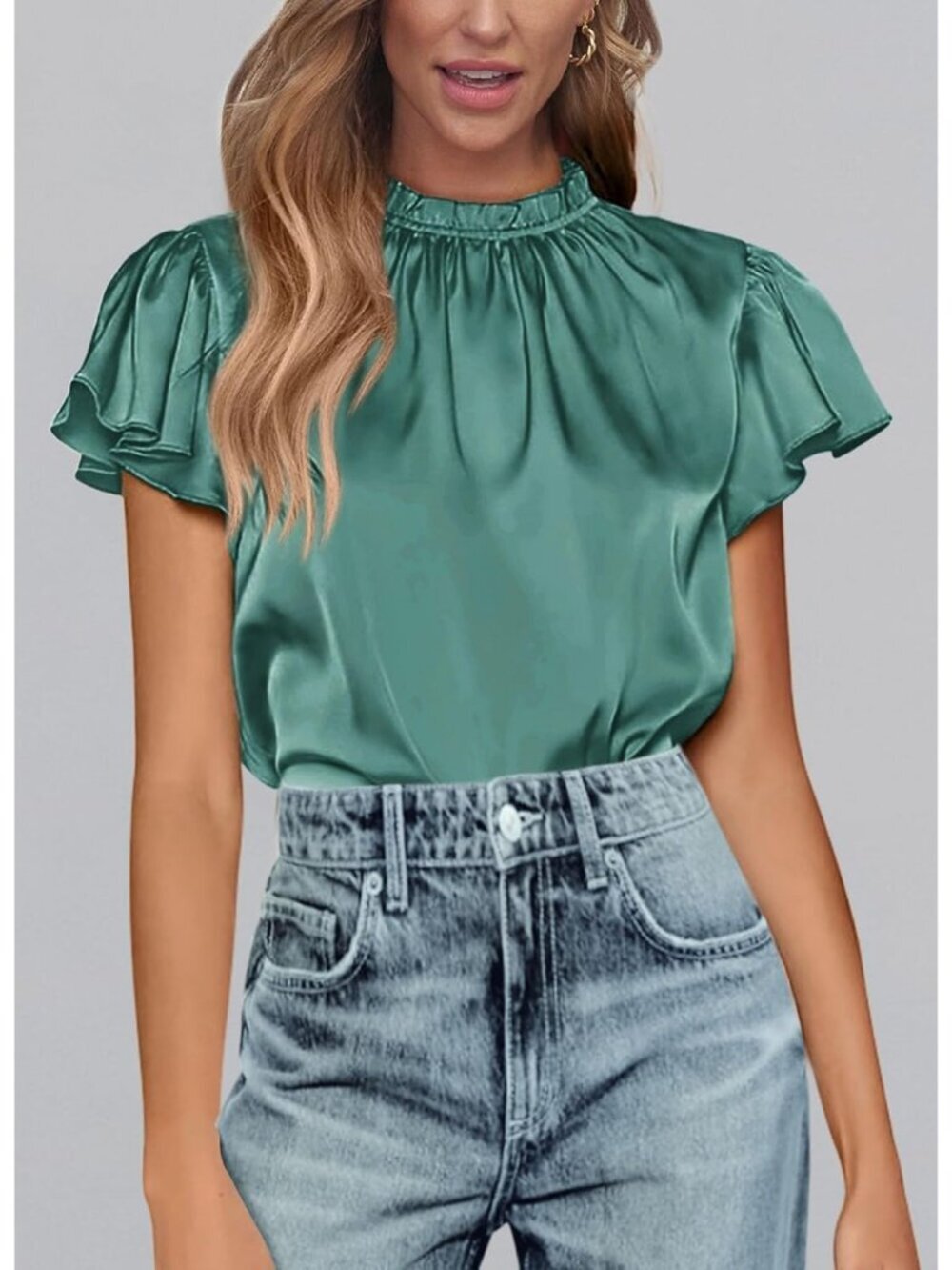 Women's Aqua Green Satin Blouse Ruffled Neck Flutter Sleeve Office Work Silk Top - Picture 3 of 6
